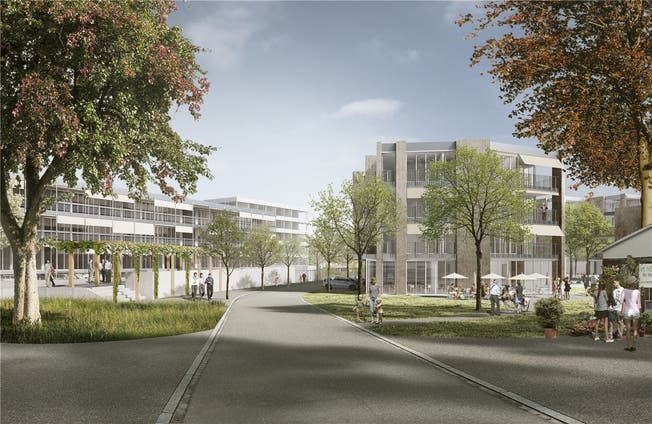 So könnten die Gebäude der Siedlungen dereinst aussehen: Die Visualisierung des Siegerprojekts zeigt die Ansicht von der Alten Bahnhofstrasse her. ZVG
