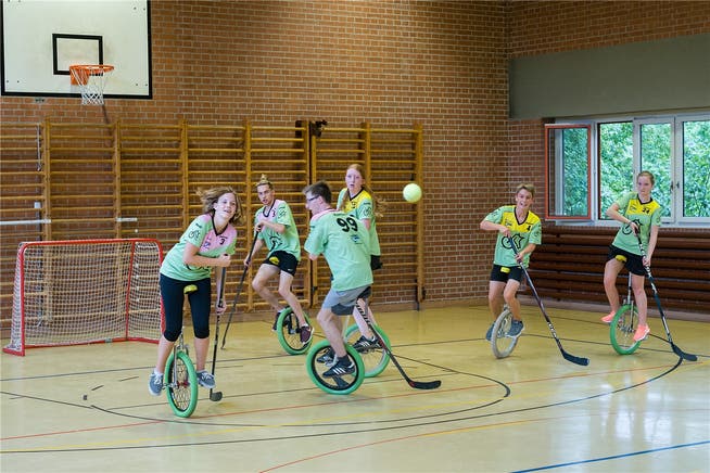 Einradhockeyspielerinnen und -spieler des EC Arlesheim kämpfen während des Trainings um den Filzball.Fotos: Kenneth Nars