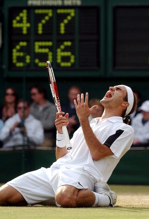 Der zweite Wimbledon-Titel 2004: Sein insgesamt 17. Titel Andy Roddick, 4:6, 7:5, 7:6, 6:4