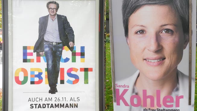 Die aktuellen Wahlplakate der Stadtammannkandidaten an der Bruggerstrasse.
