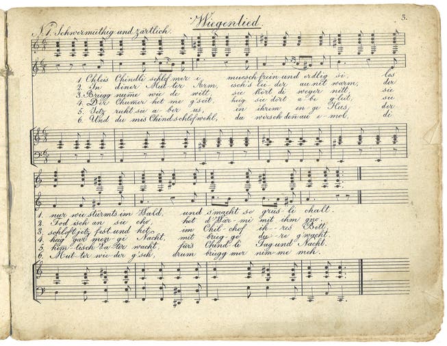 Eine Abschrift eines Wiegenliedes von Alois Glutz in Solothurner Dialekt, wie es in der Zentralbibliothek Solothurn aufbewahrt ist
