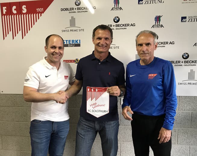 Club-Präsident Samuel Scheidegger, der neue Trainer Dariusz Skrzypczak und Hans-Peter «Bidu» Zaugg, der Sportchef wird.