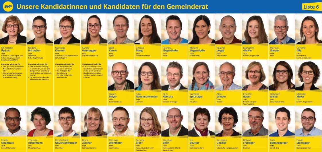 Flyer Gemeinderatskandidaten (2) Die Kandidatinnen und Kandidaten der EVP Dietikon für die Gemeinderats- sowie Stadtrats- und Stadtpräsidentenwahlen vom 4. März 2018