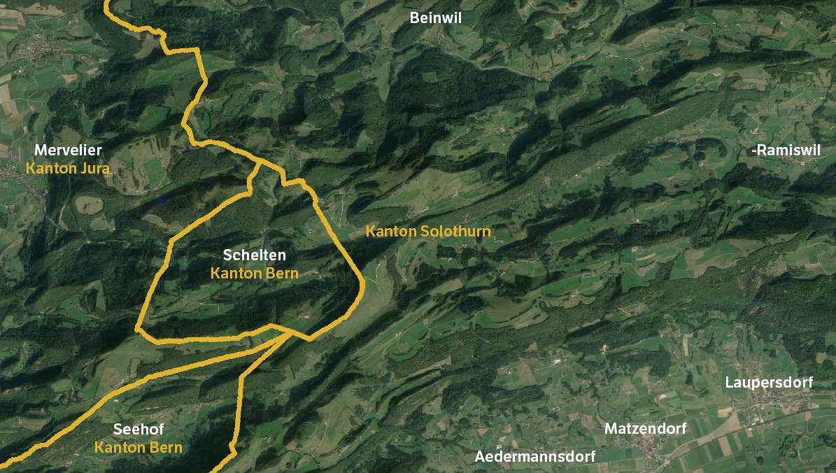 Der Kartenausschnitt zeigt die «Insellage» von Schelten, nur mit einem Spickel mit dem Kanton Bern verbunden.