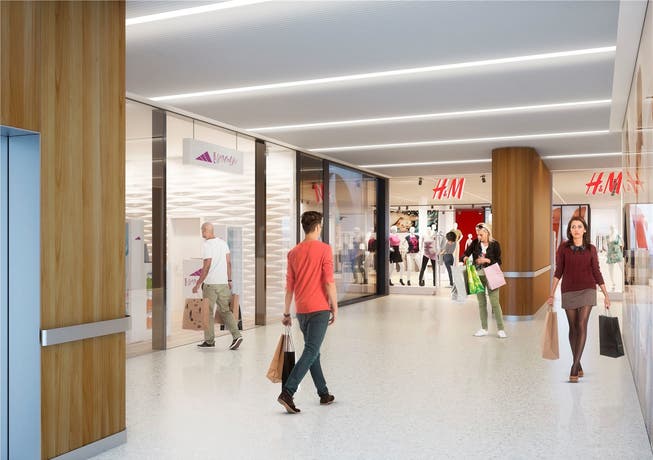 Die Visualisierung zeigt: Eine neue Passerelle im ersten Obergeschoss zwischen Neumarkt 2 und 3 soll das Einkaufen noch attraktiver machen. Walker Architekten AG/ZVG
