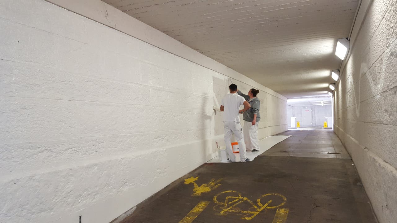 Maler übermalen die Schmierereien in der Blauen-Post-Unterführung in Solothurn