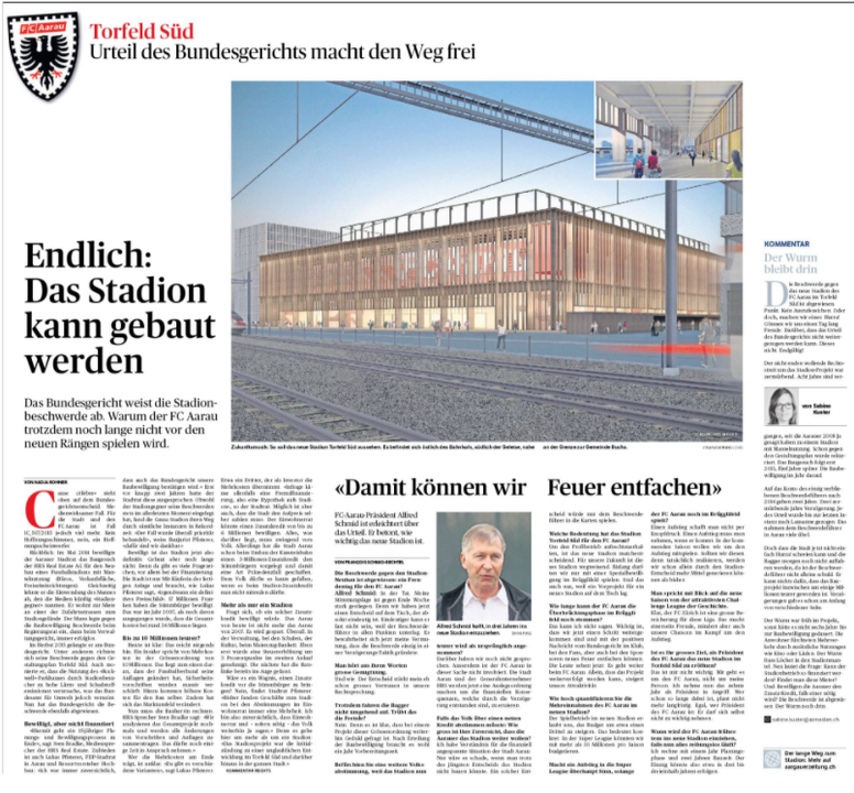 2016: Machtwort Das Bundesgericht weist die Stadionbeschwerde ab. "Endlich: Das Stadion kann gebaut werden", titelt die Aargauer Zeitung. Heute wissen wir: Es ging noch immer nichts.