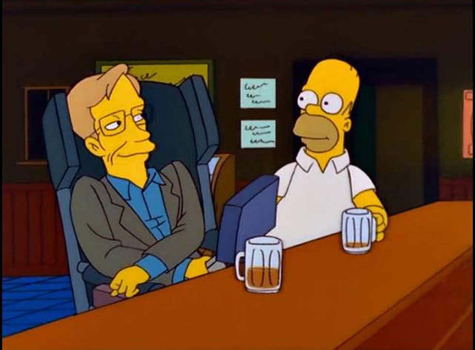 Die Simpsons «Ich finde ihre Theorie eines donutförmigen Universums sehr interessant», sagt Hawking zu Homer Simp-son beim gemeinsamen Bier. Der Physiker war ein grosser Fan der Trickfilmserie. Er trat ab 1999 in mehreren Folgen auf und sprach all seine Dialoge selber.