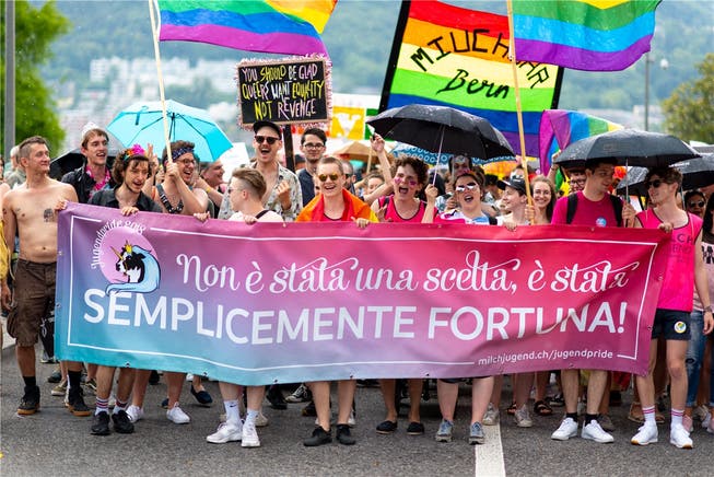 Jugendliche an der Pride in Lugano Anfang Juni mit einem Banner, das das Milchjugend-Motto «Wir haben es uns nicht ausgesucht, wir hatten einfach Glück!» wiedergibt. David Rosenthal