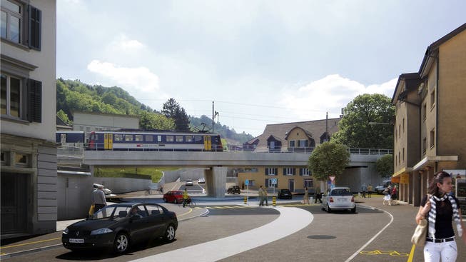 So sollen Kreisel und Eisenbahnbrücke künftig aussehen. Am Projekt des Kantons muss sich Baden mit 12 Mio. Franken beteiligen. Zu viel, finden Badener Grossräte.ZVG