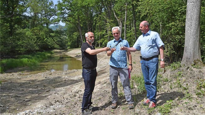 Zeit zum Anstossen: Jonas Lüthy und Rolf Spielmann vor dem grösseren der beiden Amphibienweiher in einem ehemaligen Arm der Aare.