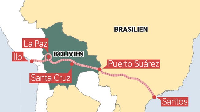 Der bolivianische Präsident Evo Morales will eine Eisenbahn bauen, welche die beiden Ozeane verbindet: «tren bioceánico» soll er heissen und in Puerto Santos, Brasilien, starten, Bolivien durchqueren und in Peru in der Hafenstadt Ilo enden.