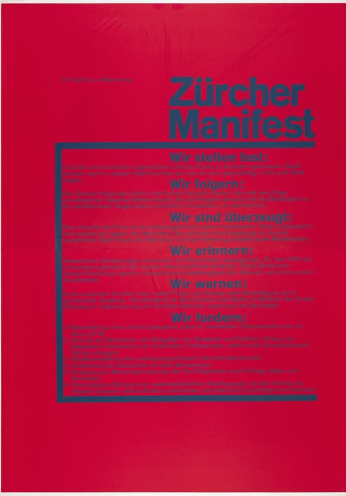 Das Zürcher-Manifest-Plakat will mit rationaler Sprache aufklären.