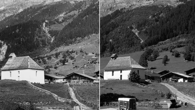 «Ausgeräumte Landschaften» auch im Berner Oberland: Blick von Südosten auf die Kirche Gadmen bei Innertkirchen um 1950 (links) und im Jahr 2003.