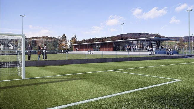 Visualisierung der neuen Sportanlage Breite mit Blick auf das neue Klubhaus des FC Erlinsbach.