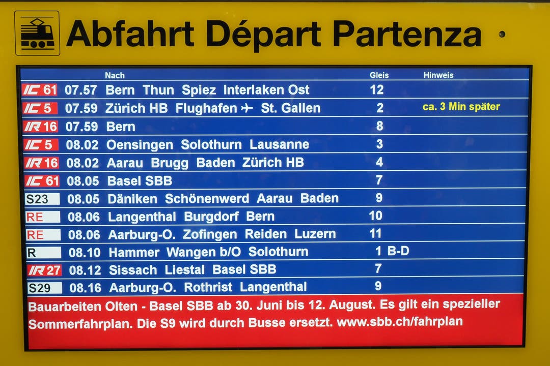 Bis zum 12. August fährt die SBB nach dem Sommerfahrplan.
