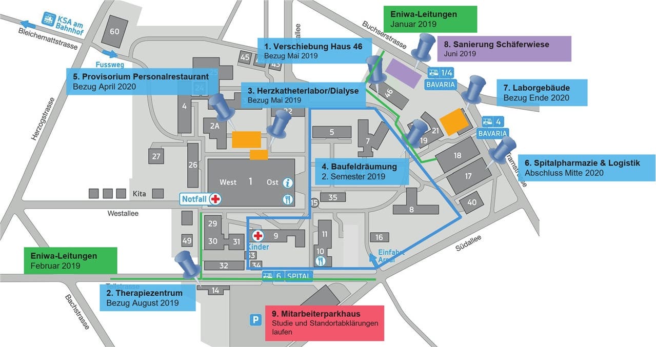Die Grafik des Kantonsspitals Aarau zeigt die anstehenden Projekte. Der Neubau soll im Bereich der Ziffer 4 entstehen.