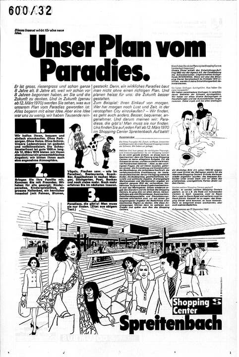 Mit einer monatelangen Kampagne aus ganzseitigen Zeitungsinseraten, wie hier am 1. Oktober 1969 in der NZZ, warb das selbst ernannte «Paradies» schon lange vor Eröffnung um Kunden.