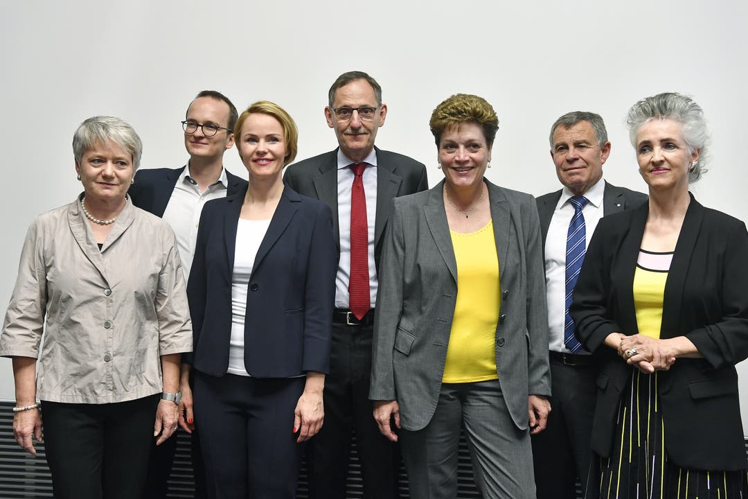 Der neu gewählte Regierungsrat von links nach rechts: Jacqueline Fehr (SP), Martin Neukom (Grüne), Natalie Rickli (SVP), Mario Fehr (SP), Silvia Steiner (CVP), Ernst Stocker (SVP) und Carmen Walker Spaeh (FDP)