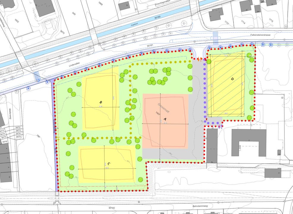 Lindenpark Visualisierung Gestaltungsplan des Lindenpark: In der ersten Etappe werden die Gruppengebäude B und C sowie das Mehrzweckgebäude A und der Parkplatz D realisiert.