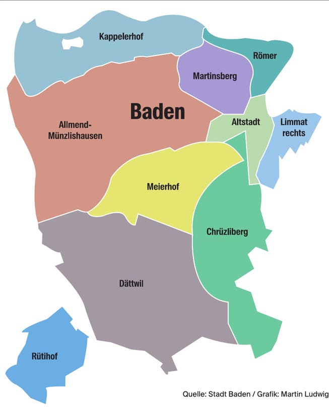 Die Stadt Baden besteht aus zehn Quartieren.