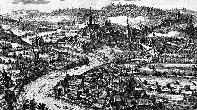 Die Badener Altstadt mit den Grossen und den Kleinen Bädern (l.): Reproduktion des Merianstichs aus dem 17. Jahrhundert.