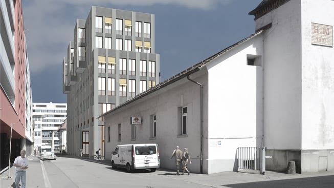An der Dynamostrasse (hinten rechts) ist ein neues Gebäude geplant. Das Kesselhaus (vorne rechts) wird erhalten. (Visualisierung)