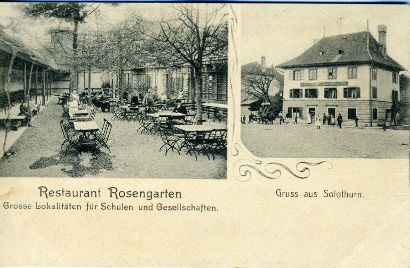 Das Restaurant Rosengarten auf einer Postkarte