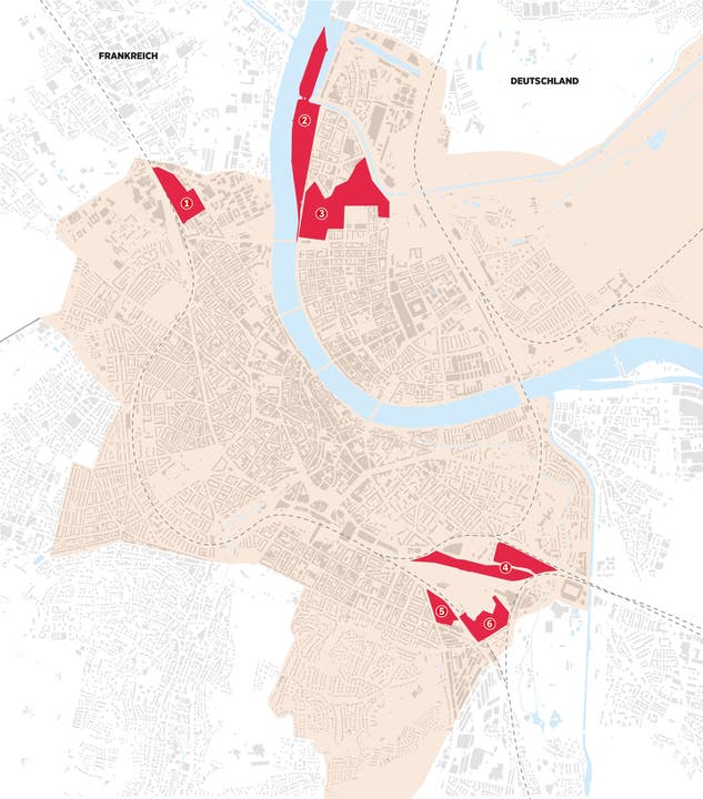 Die sechs grossen Areale in Basel-Stadt, die in den nächsten Jahren entwickelt werden sollen. 1 Areal Lysbüchel / 2 Hafenareal Klybeck / 3 Klybeckplus / 4 Güterbahnhof Wolf / 5 Dreispitz Nord / 6 Walkeweg