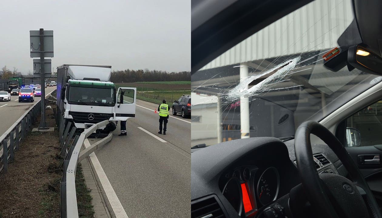 A1/Oensingen (SO), 16.November Ein Lastwagen durchbrach die Mittelleitplanken und geriet auf die Gegenfahrbahn. Ein Autolenker wurde durch herumfliegende Gegenstände im Gesicht verletzt.
