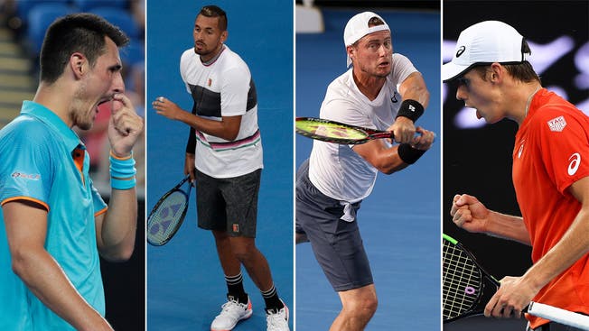Bernard Tomic, Nick Kyrgios, Lleyton Hewitt und Alex De Minaur (im Uhrzeigersinn) stehen im Zentrum des Trauerspiels im australischen Tennis.