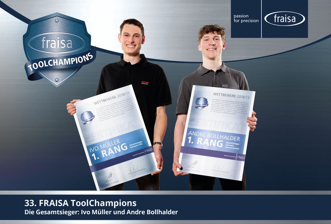 Die FRAISA ToolChampions 2018/2019: Ivo Müller (links) aus Zug in der Kategorie «CNC-Bearbeitung» und Andre Bollhalder aus Böttstein in der Kategorie «Konventionelle Bearbeitung».