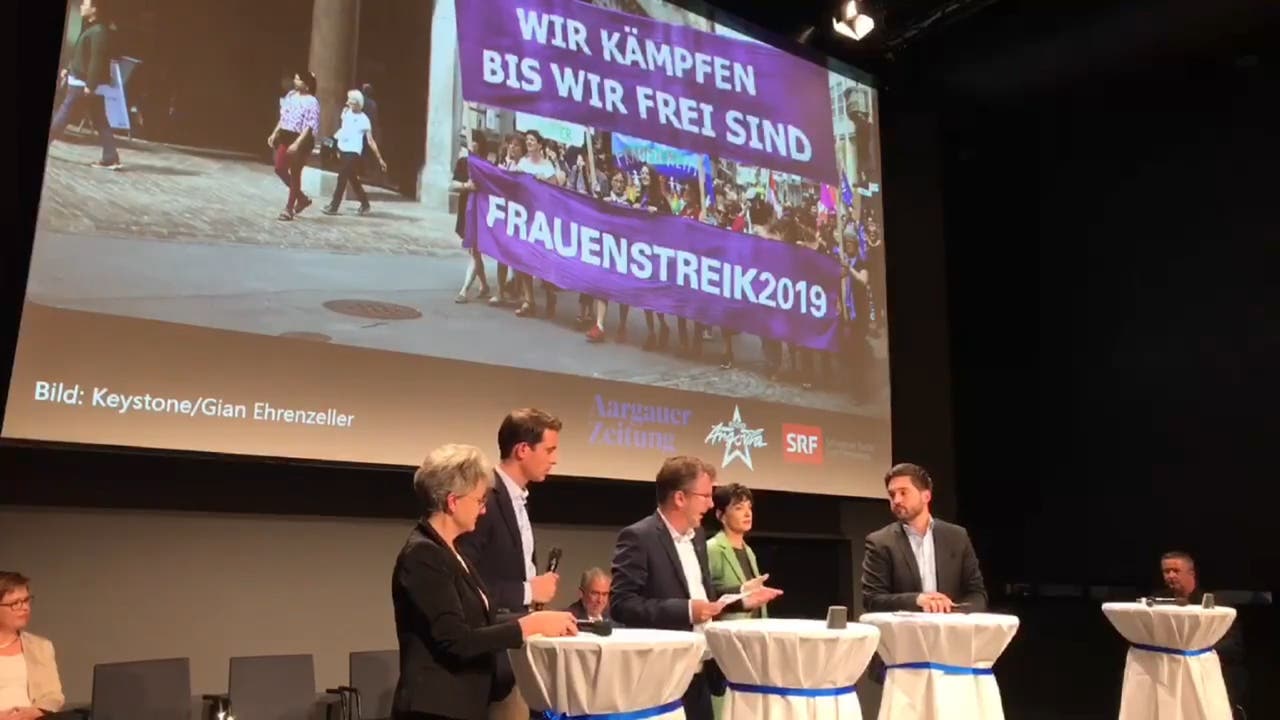 Podium mit den Aargauer Ständeratskandidaten vom 19.9. in Baden – Gleichberechtigung Mit Maya Bally (BDP), Thierry Burkart (FDP), Marianne Binder (CVP) und Cédric Wermuth (SP) – Moderation: Maurice Velati, SRF