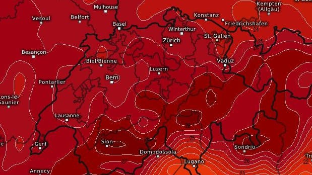 Das Temperaturbild vom Wetterdienst Kachelmann.com zeigt die bevorstehende Hitzewelle.