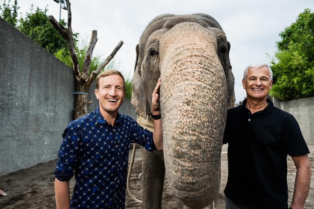Moderator Stefan Büsser mit Franco Knie und dem antretenden Elefanten