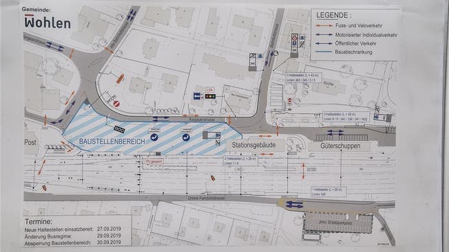 Planskizze der ab 29. September geltenden neuen Verkehrsführung im Bereich des Bahnhofs Wohlen.