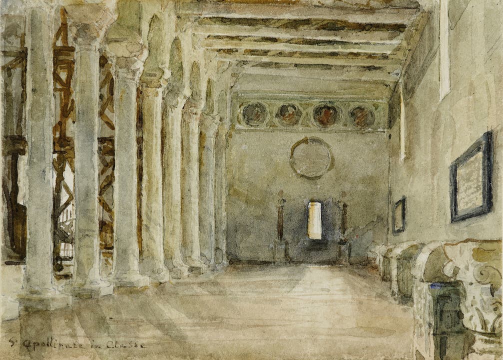 S. Apollinare in Classe, Ravenna, um 1891, Aquarell auf Papier, 10,5 x 14,5 cm, Stiftung Albert Anker-Haus, Ins, Standort: Gemeinde Ins.