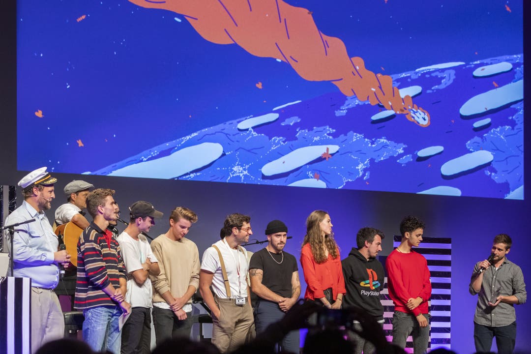 Fantoche 2019 - Preisverleihung "The Lonely Orbit" von Frederic Siegel und Benjamin Morard (ganz rechts im Bild) beim Gewinn des Swiss Youth Award.
