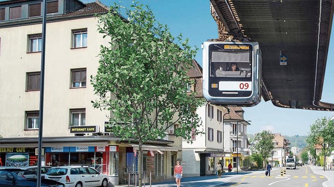 Ein Hauch von Wuppertal in Wettingen: Eine Hochbahn könnte über der Landstrasse verkehren, wie hier in der Visualisierung.