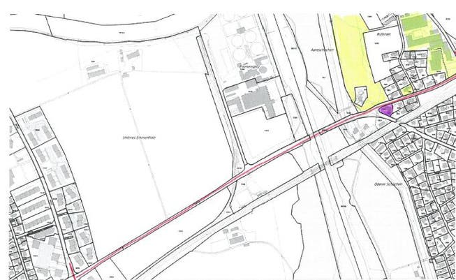 Rot markiert die Luterbach- und Zuchwilstrasse. Die Einsprachen der Eigentümer der gelb markierten Grundstücke wurden abgewiesen. Beim violett markierten Grundstück wurde eine Einigung erzielt.