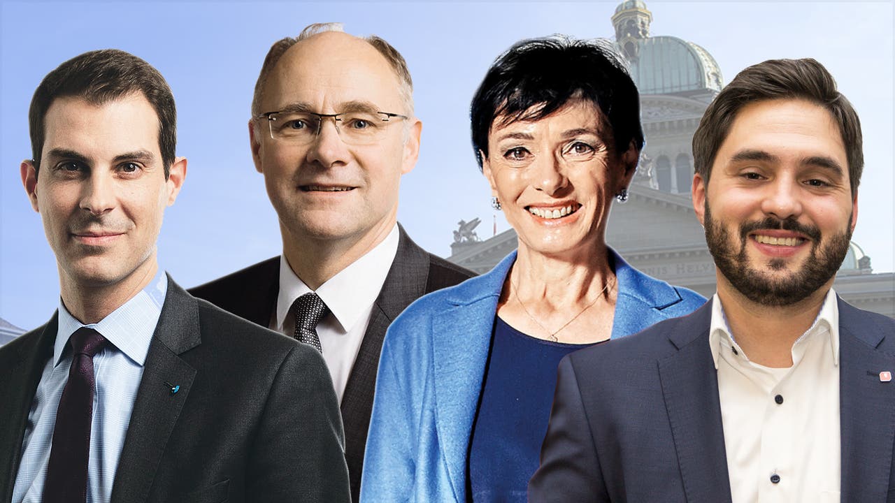 Die vier Ständeratskandidaten mit den grössten Wahlchancen: v.l.n.r. Thierry Burkart (FDP), Hansjörg Knecht (SVP), Marianne Binder-Keller (CVP), Cédric Wermuth (SP). So würden die Aargauer gemäss Online-Umfrage wählen; alle Kandidaten finden Sie in der Bildergalerie.