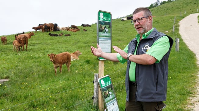 Heinz Feldmann von der Beratungsstelle für Unfallverhütung in der Landwirtschaft stellt den Lernpfad Rindvieh vor.
