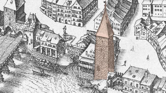 Ausschnitt aus dem Merian-Plan von 1615: Der Salzturm bei der Mittleren Brücke.