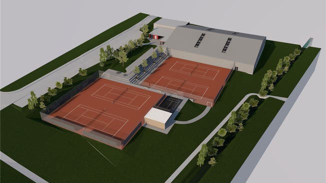 So sollen die neue Tennishalle und die vier neu angeordneten Aussenplätze aussehen. (Visualisierung)