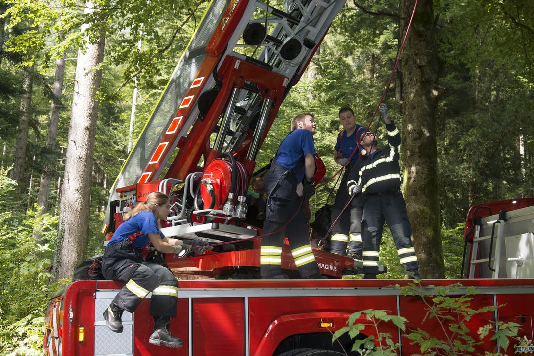 Feuerwehr Grenchen Jahresübung Feuerwehr Grenchen Jahresübung bei Holzerhütte, ein Gleitschirm-Pilot wird aus der Baumkrone geborgen