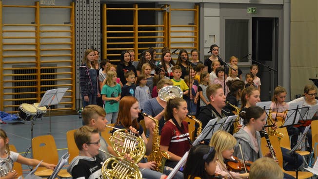 Chor und Orchester bei der Musikprobe in der Dorfhalle in Neuendorf.