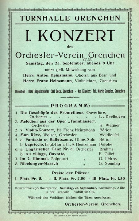 Konzertprogramm des ersten Konzerts 1920