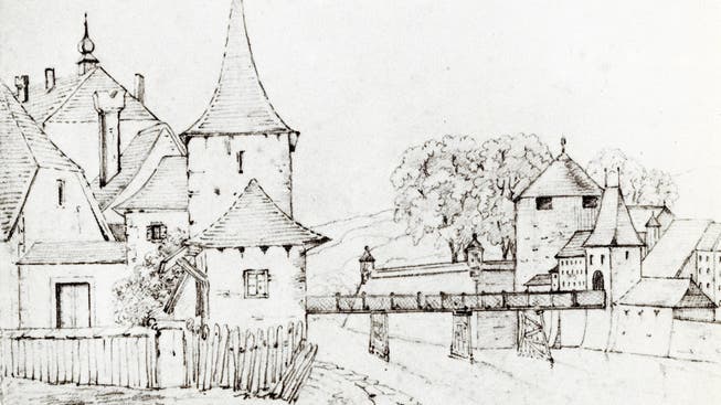 Der Hürligturm, die Wengibrücke, das 1378 zur Sicherung der Aarebrücke erbaute innere Wassertor oder Brückentor und die Bastion St. Georg, die Katzenstiegeschanze, mit dem Haffnerturm. Rechts vom Wassertor das Litzi-Gebäude.