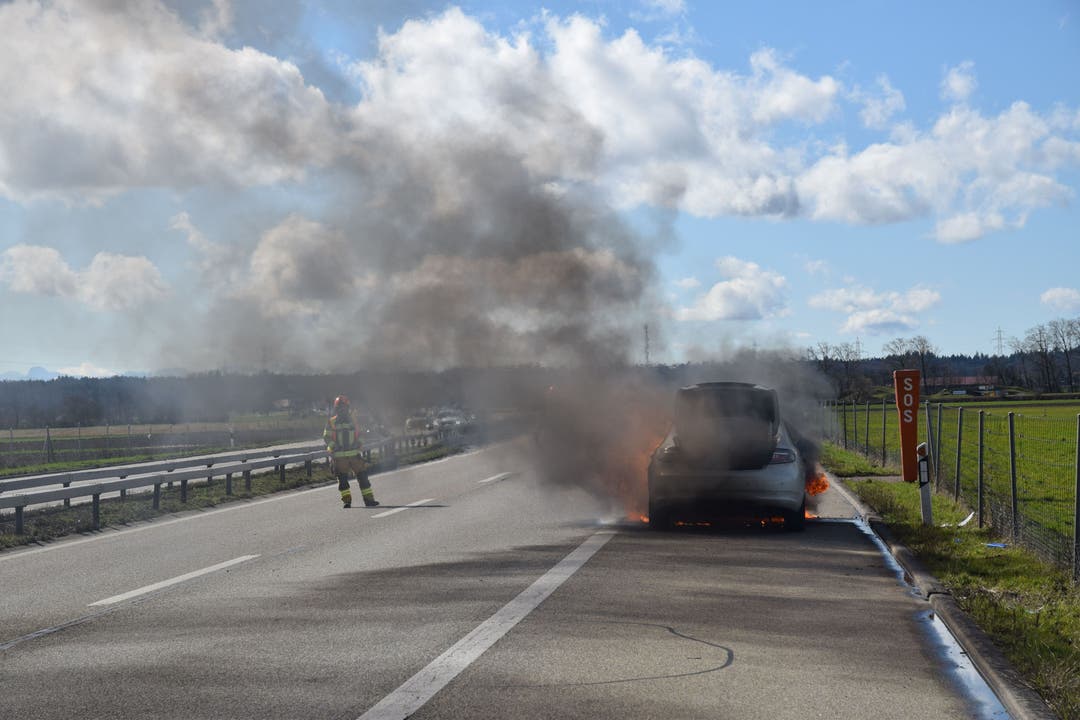 A1 bei Oensingen, 2.März: Ein Auto brannte komplett aus. Der Lenker blieb unverletzt; die Autobahn musste für 10 Minuten komplett gesperrt werden.