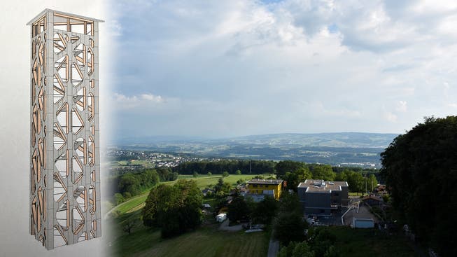 Links ein Modellfoto des künftigen Hasenbergturms, im Hintergrund die Aussicht, wie man sie einst auf 35 Meter Höhe geniessen könnte.